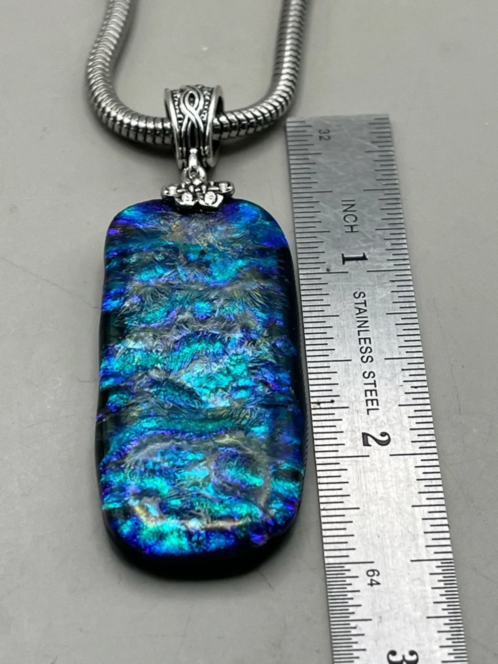 Sterling Silver Blue-Green Artisan Dichroic Glass Pendant Necklace - Picture 3 of 7
